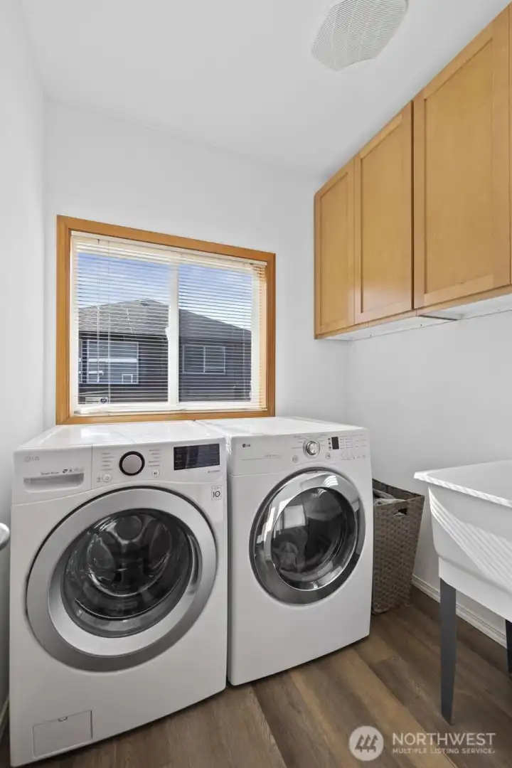Laundry room down stairs with storage and sink.