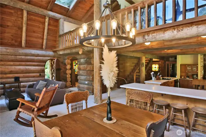 The log construction is absolutely stunning!  The high ceailing create a beautiful rustic grandeur!