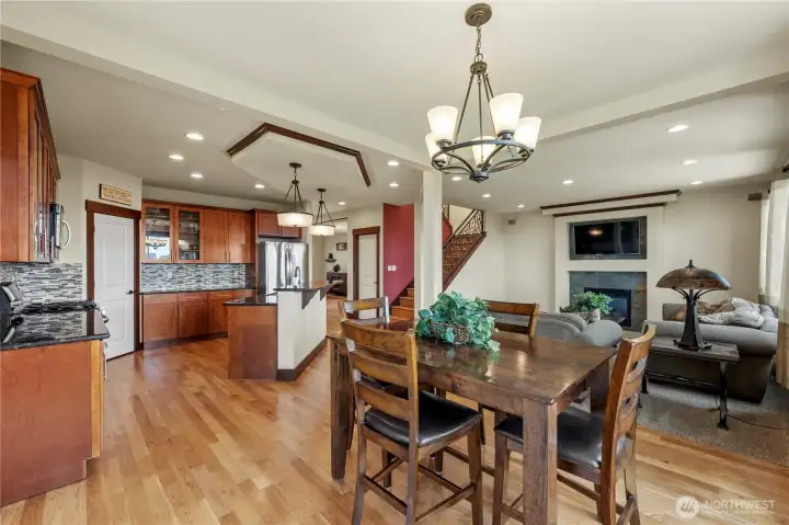 The large center island provides the perfect spot for meal prep, casual dining, or conversation.