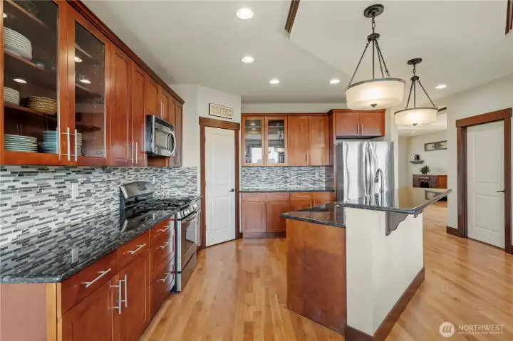 A spacious walk-in pantry keeps everything organized and within reach.