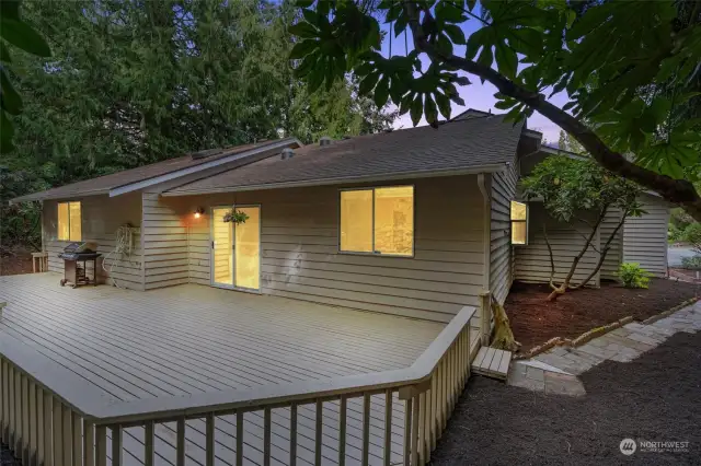 twilight shot of backyard deck