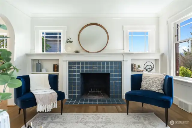 Original Tiling Around Fireplace w/ Built-In Bookshelves