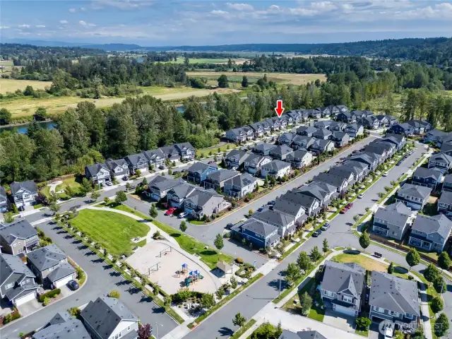 Birds eye view of Overlook at Riverfront community which features community parks, walking trails around the community, picnic areas and benches. This home has one of the larger lots and backs to a greenbelt with seasonal views of the Cascades (Winter time when the leaves have fallen off the trees).