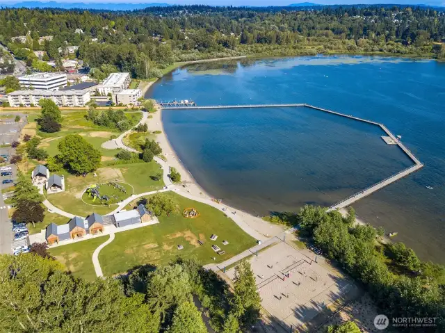 Nearby Juanita Village and Beach.  Condo is located up the hill and to the left in the upper left of photo.