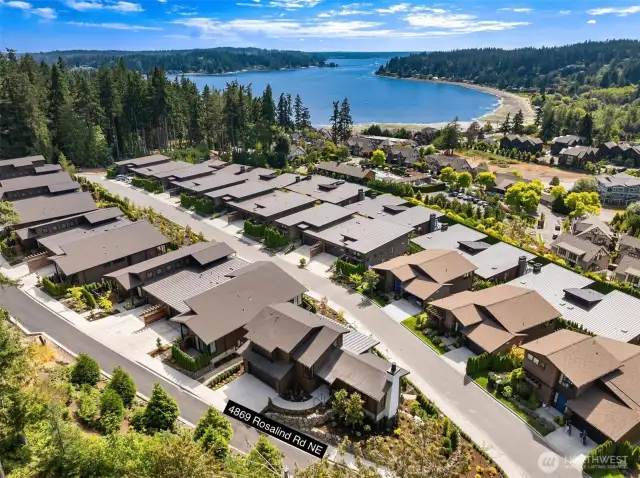Aerial image of Pleasant Beach Village showing Rich Passage. Public beach access is a short distance