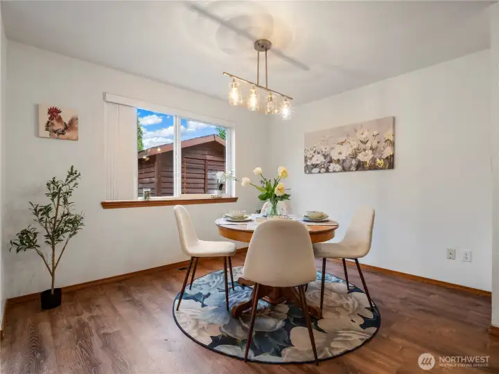 The large dining room space can accommodate a large table.