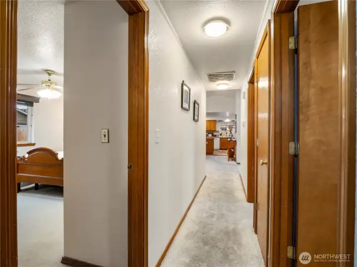 View from the guest bathroom towards the living space.