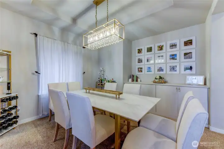 Beautiful dining room with inset ceiling and custom cabinets by Closets by Design + new light fixture.