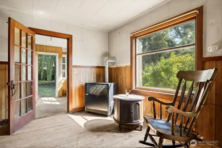 Living room with propane gas stove.