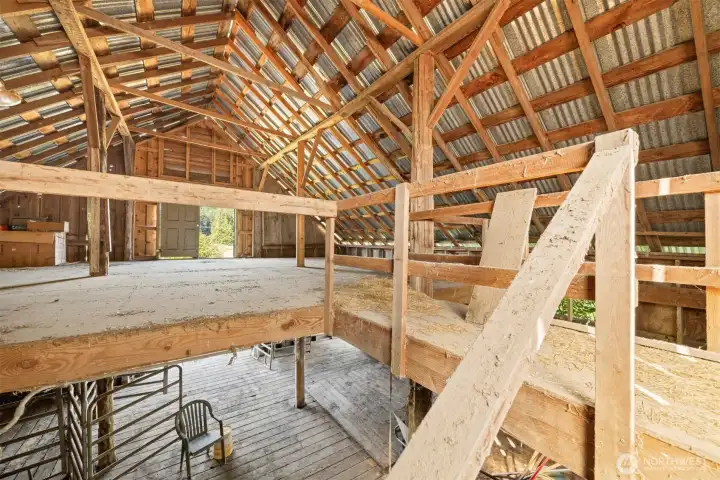 Loft and new roof supports in the barn.