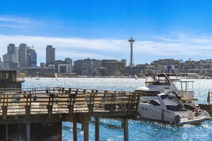 From the house, the Seattle skyline and Space Needle rise across the lake, with boats and blue sky completing the picture.