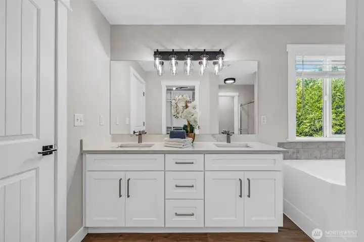 Primary bath with classic 5 piece tub, shower, separate toilet room, walk in closet and brand new double sink vanity Primary bath with classic 5 piece tub, shower, separate toilet room, walk in closet and brand new double sink vanity