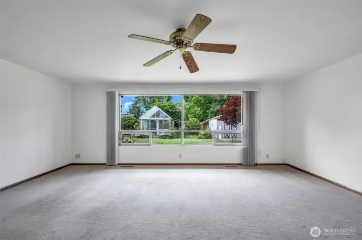 Large window looks into the backyard with a greenhouse and storage shed.