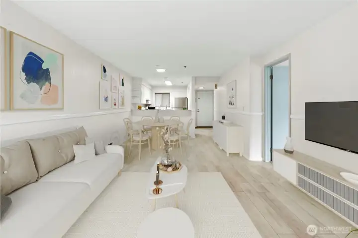Natural light through the vinyl slider glass door and the flowy open living and dining area makes this space a perfect blend of comfort, tranquility and functionality. (Virtual Staging) Natural light through the vinyl slider glass door and the flowy open living and dining area makes this space a perfect blend of comfort, tranquility and functionality. (Virtual Staging)
