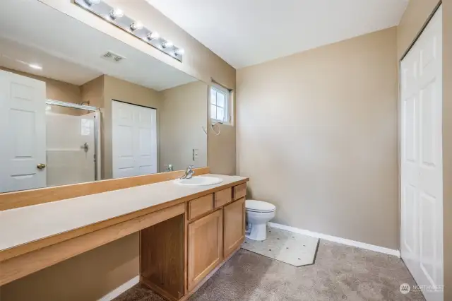 The primary suite bathroom features a convenient towel closet for added storage and organization.