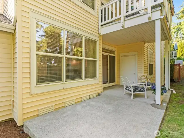 Private fenced backyard is perfect for entertaining, with partially covered patio and storage closet.