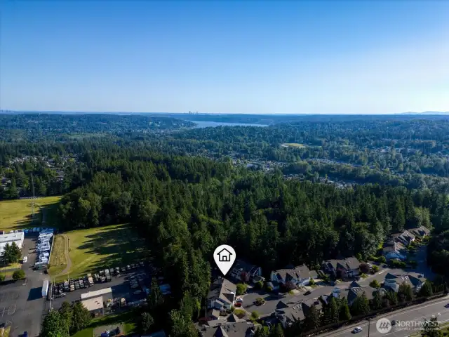 An overivew of Canyon Ridge Condos and the unit, looking south towards Lake Washington.
