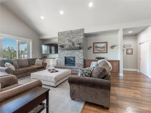Propane fireplace with built-ins.