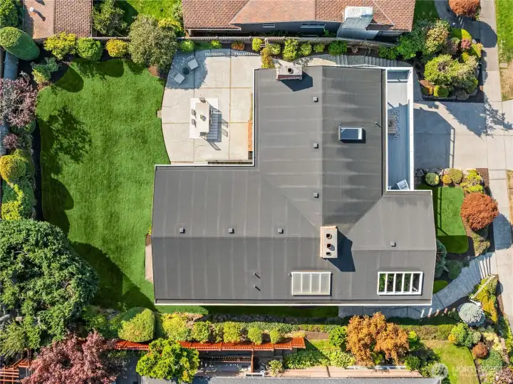Aerial view of the large lot and home.