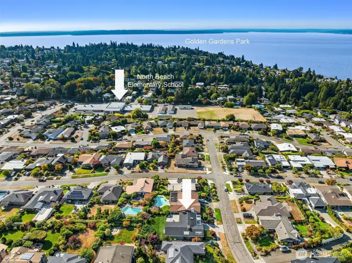 Aerial view of the home in relation to North Beach Elementary School and Golden Gardens Park.