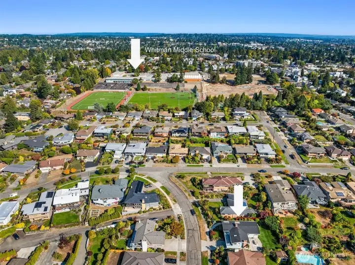 Aerial view of the home in relation to Whitman Middle School.