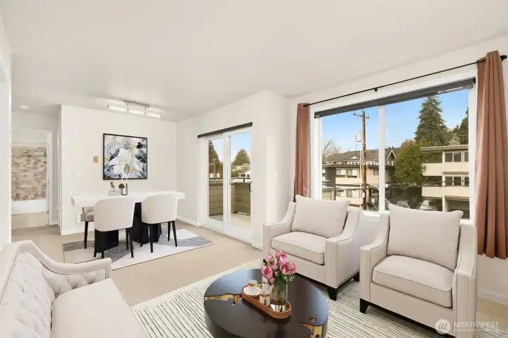Family Room flowing into Dining Area with Natural Sunlight *this photo is virtually staged*