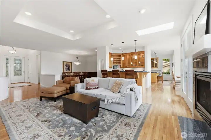 Looking across the main floor social rooms.  The home has a great balance of open-plan feel yet defined spaces.