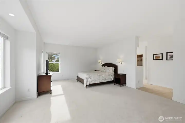 Primary bedroom and opening to primary bathroom area.