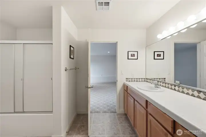Full bath with doors to the bedroom and to the rec room.
