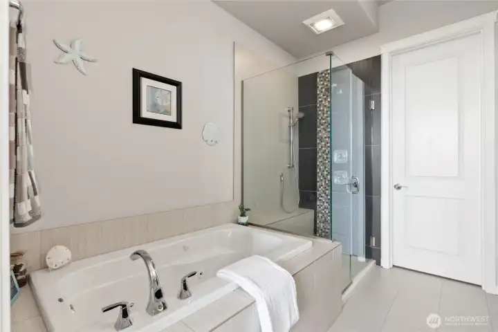 Relax in the large soaking jetted tub or your beautiful frameless tiled shower.
