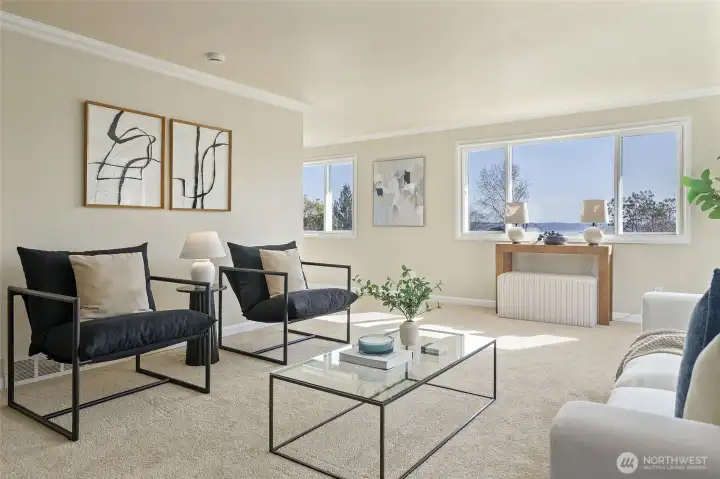 Living room with a view of Puget Sound