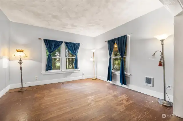 Living room with old growth wood floors