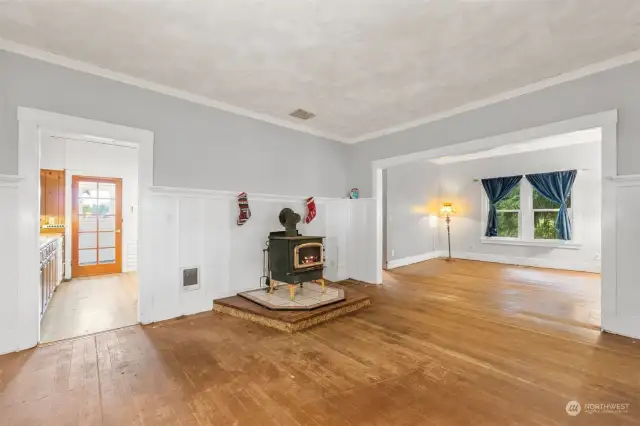 Living area, wood stove