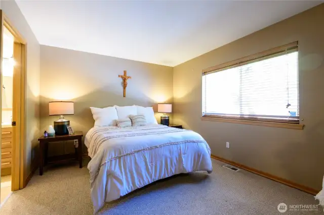 Retreat to your private oasis in this spacious primary bedroom, featuring a generous walk-in closet offering ample storage for your wardrobe.  The remodeled En Suite has sleek, modern finishes, and a beautifully tiled, walk-in shower.