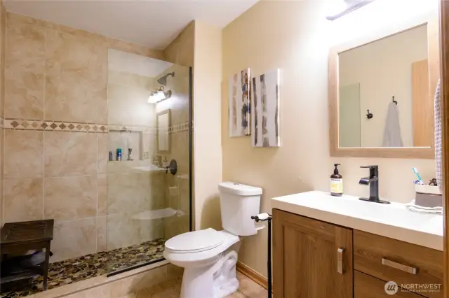 Primary Bathroom with newly tiled shower, toilet and cabinetry.