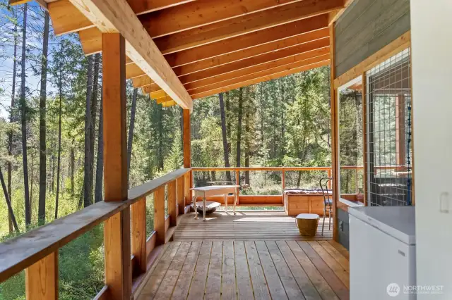 On the kitchen side of the porch are multiple electrical outlets, and plumbing for an outdoor sink.