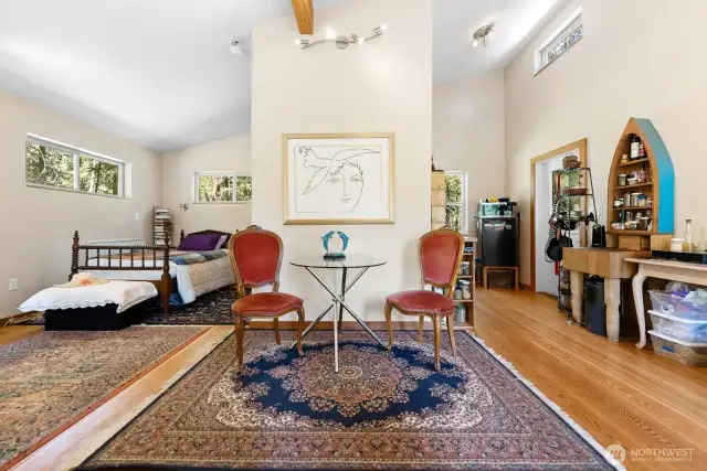 Simple floor plan maximizes efficiency. The wall near the bed is framed to allow for an opening to be created for an addition without impacting structural integrity.