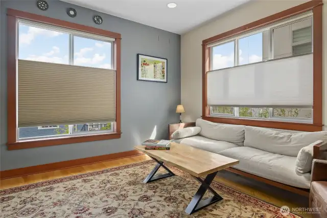 This is the southeast corner of the living room with tons of natural light!
