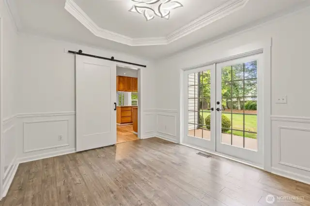 Flex Room Offers Exterior Glass Door and Hard Surfaces with ez-glide attractive barn door