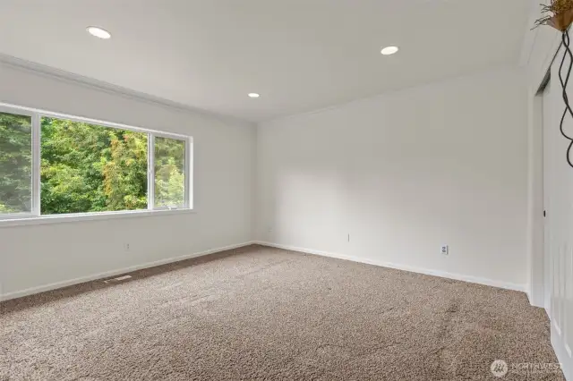 Wide 3 pane window Illuminates Master with Sunlight