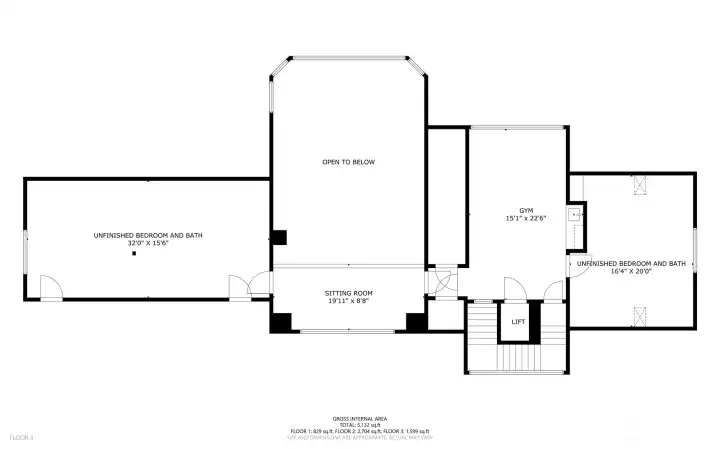 Floorplan - Top Floor - The north unfinished bedroom (right) is fully drywalled, powered, vacuum-ready, features two skylights with electric shades, and is plumbed for a bathroom. The larger south unfinished bedroom (left) is plumbed for a bathroom, framed for a dormer, and includes power, vacuum, added storage, and one drywalled wall.