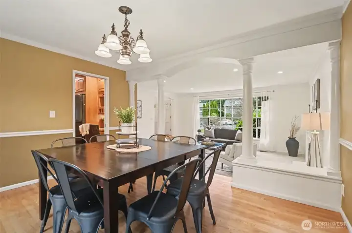 Beautiful columns frame the formal dining space