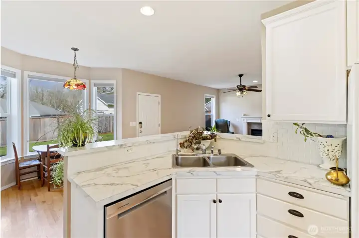 From kitchen looking into the great room and backyard through the windows.