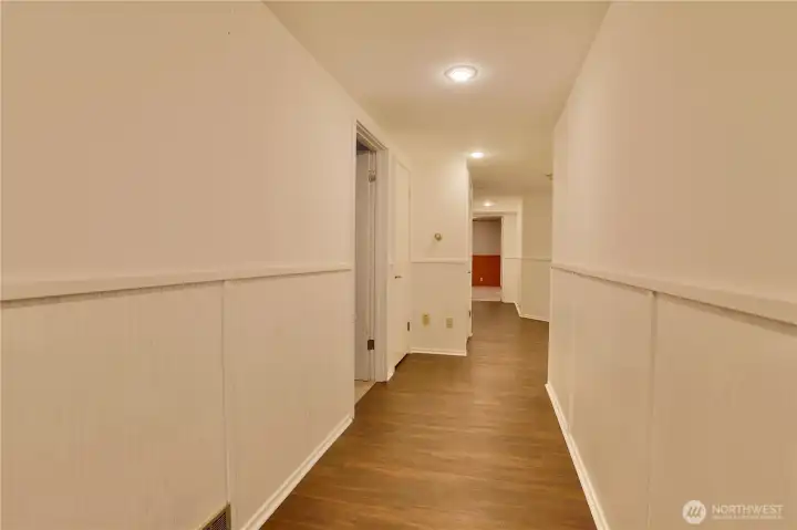 Bamboo floors and wainscoting in lower level hallway