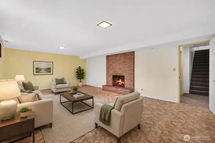 Basement living room with wood burning stove (Virtually Staged)