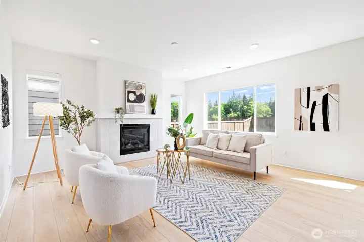 Great room layout with views to yard and preserved greenspace