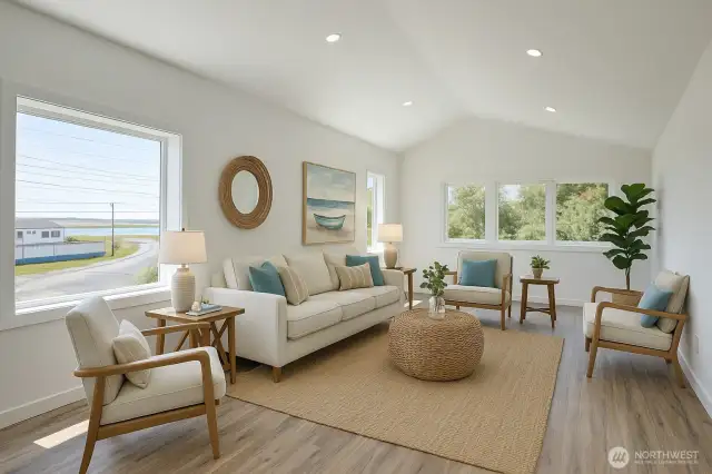 Upper unit front living room. Virtually staged.