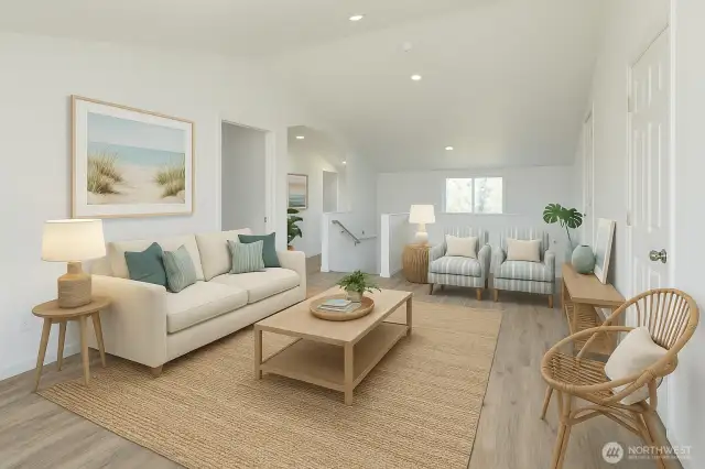 Upper unit back family room. Virtually staged.