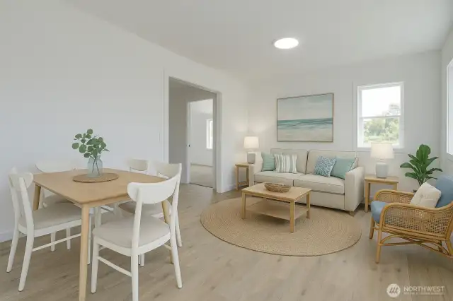 Lower unit front living room, cont. Virtually staged.