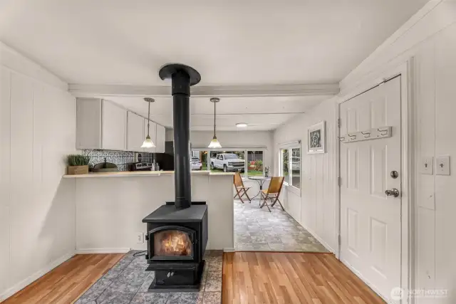 Living room open to kitchen area
